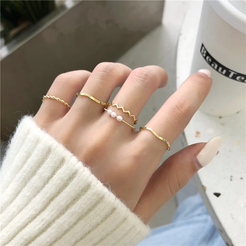 Golden Pearl Wave Ring Stack (5-Piece Set)