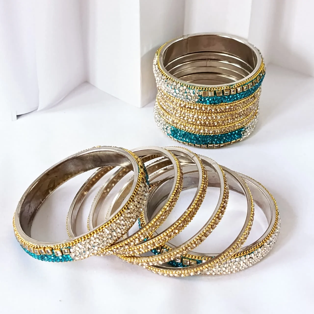 Teal and Silver Stackable Bangle Set - Image 1