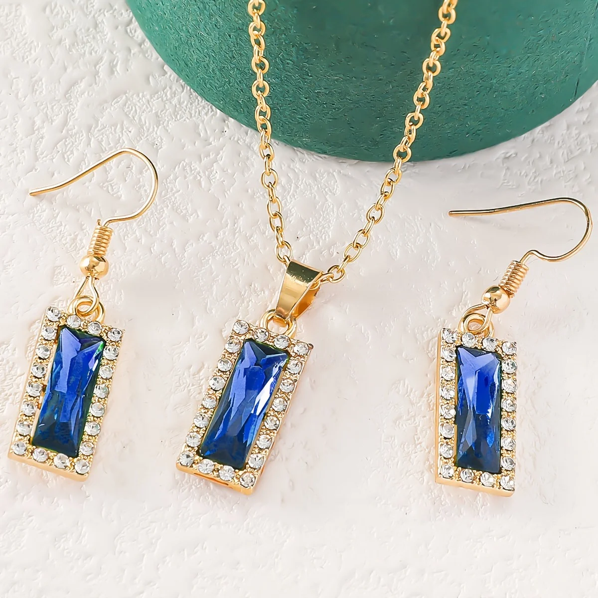Sapphire Blue Emerald Cut Halo Set