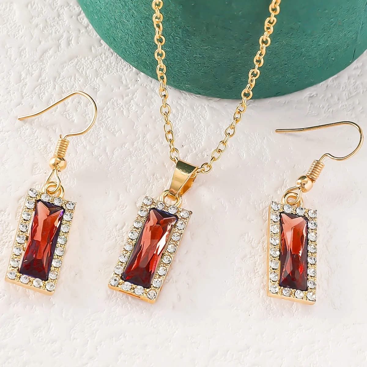 Ruby Red Emerald Cut Halo Set