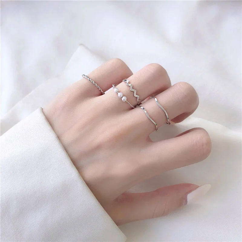 Silver Pearl Wave Ring Stack (5-Piece Set)